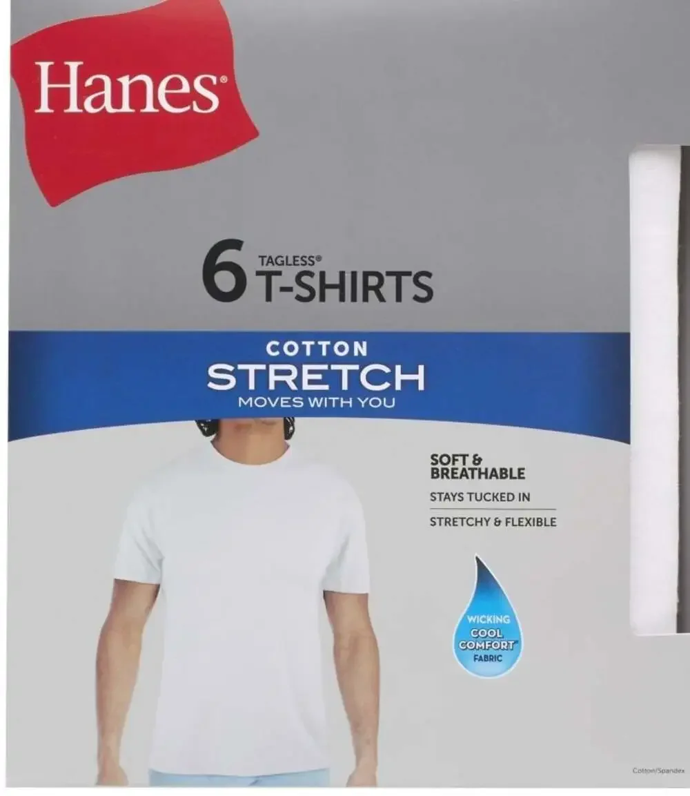 Hanes‎ Men's Tagless Cotton Stretch Crewneck T-Shirt Undershirts, 6-Pack - White
